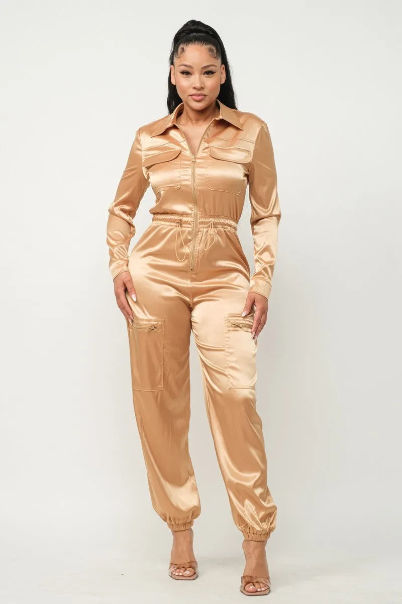 Satin Front Zipper Pockets Top And Pants Jumpsuit - 3 colors