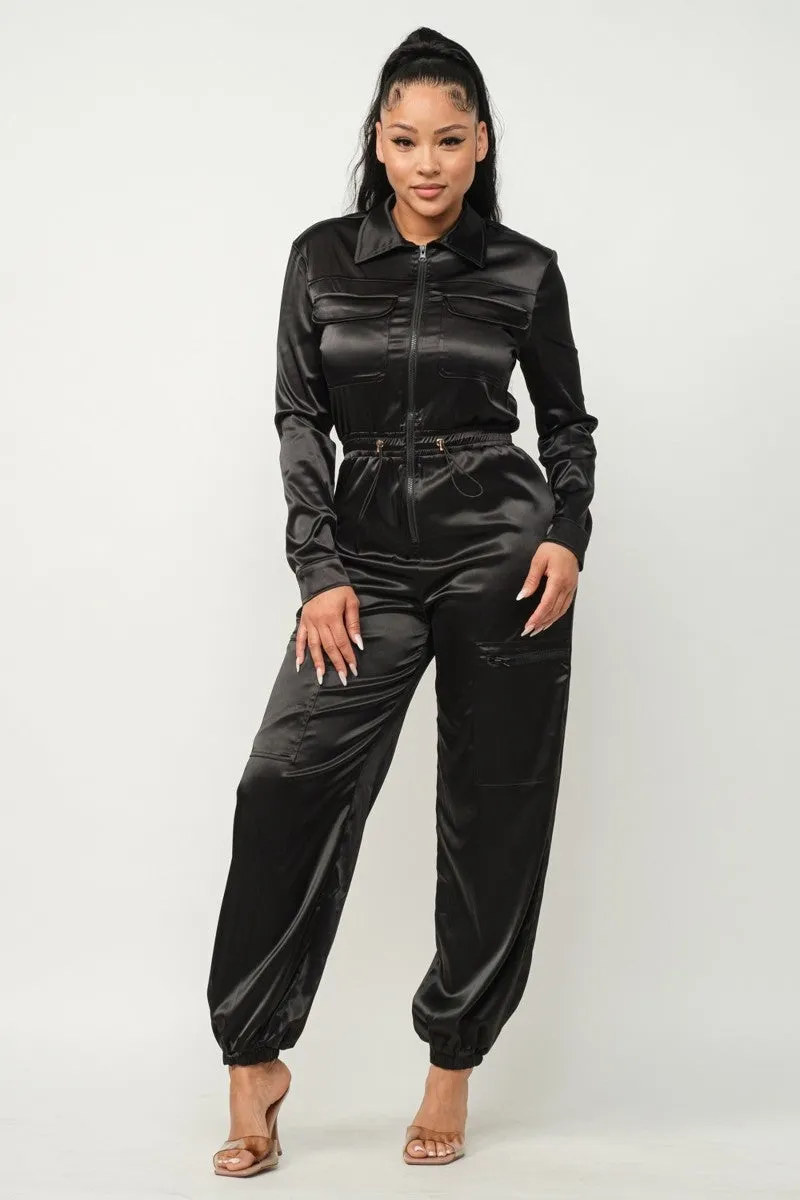 Satin Front Zipper Pockets Top And Pants Jumpsuit - 3 colors