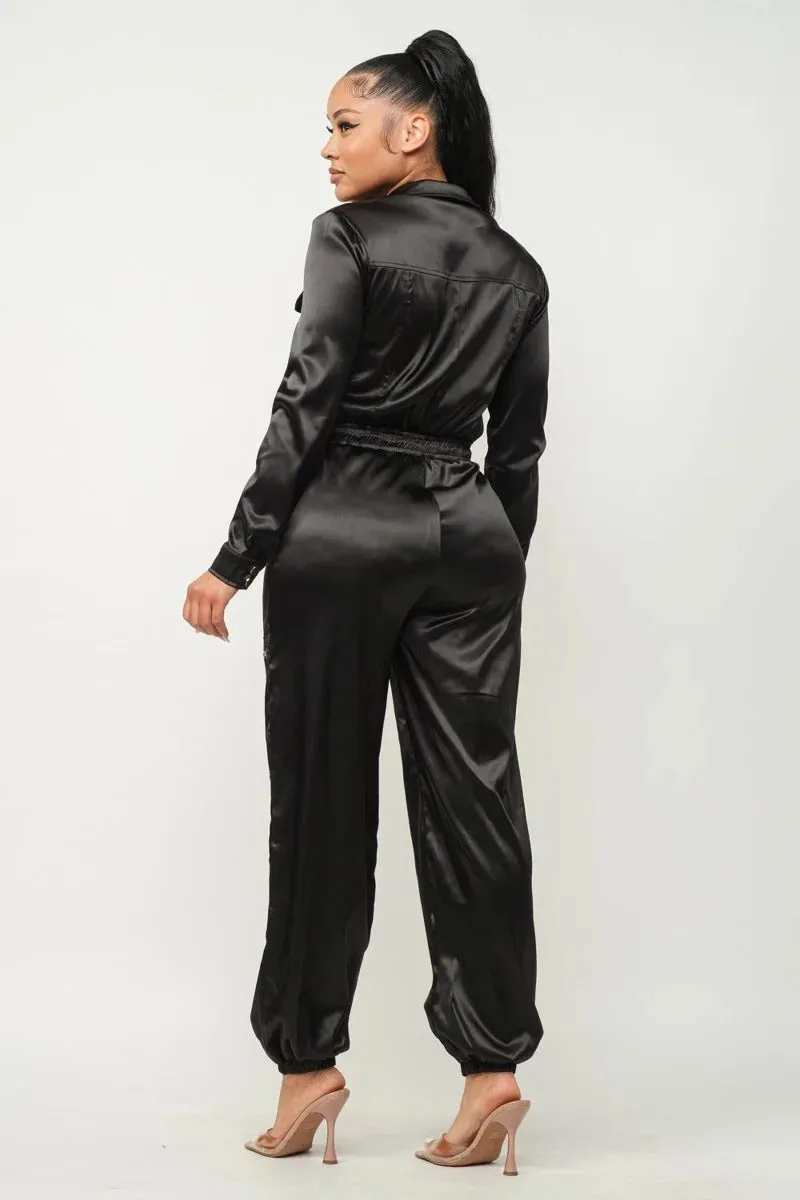 Satin Front Zipper Pockets Top And Pants Jumpsuit - 3 colors