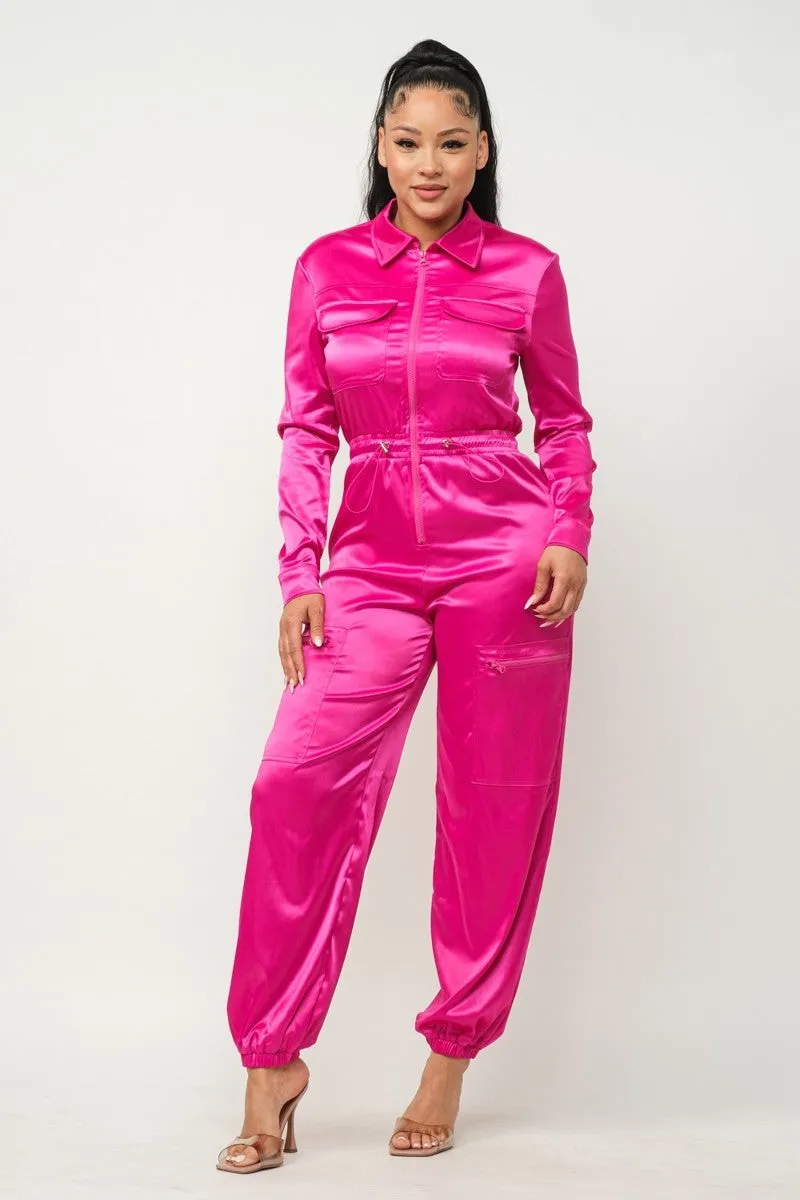 Satin Front Zipper Pockets Top And Pants Jumpsuit - 3 colors