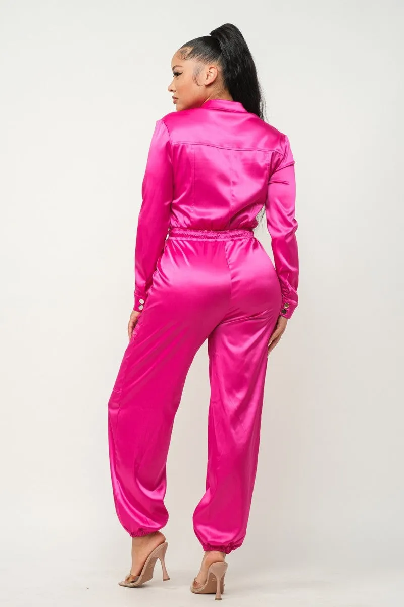 Satin Front Zipper Pockets Top And Pants Jumpsuit - 3 colors