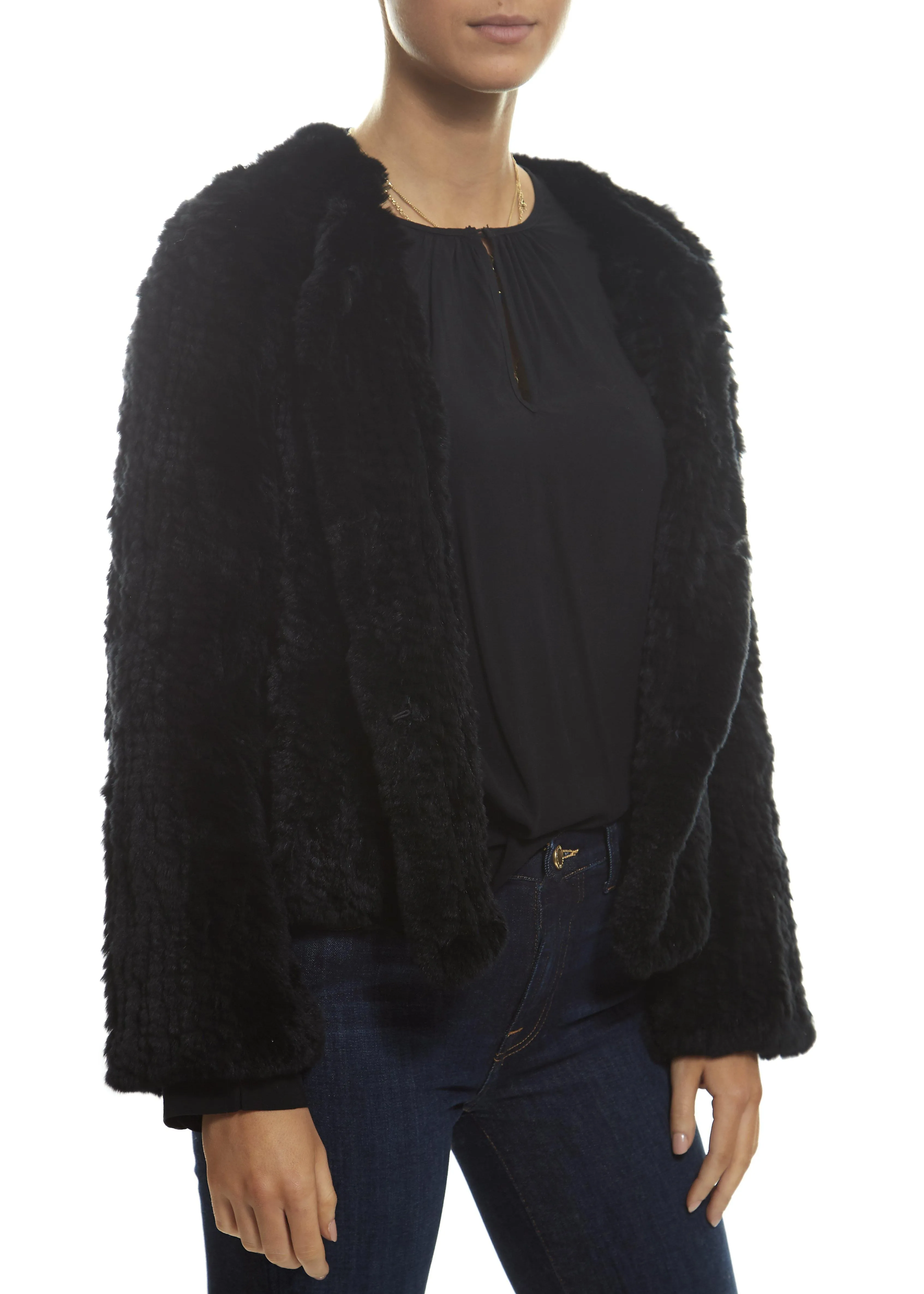 Short 'Black' Knitted Rex Rabbit Genuine Fur Jacket