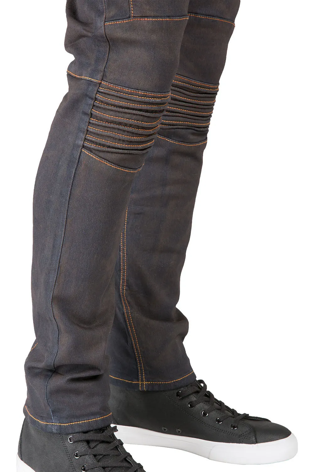 Slim Tapered Leg Premium Knit Denim Moto Jeans Copper Tainted Wash