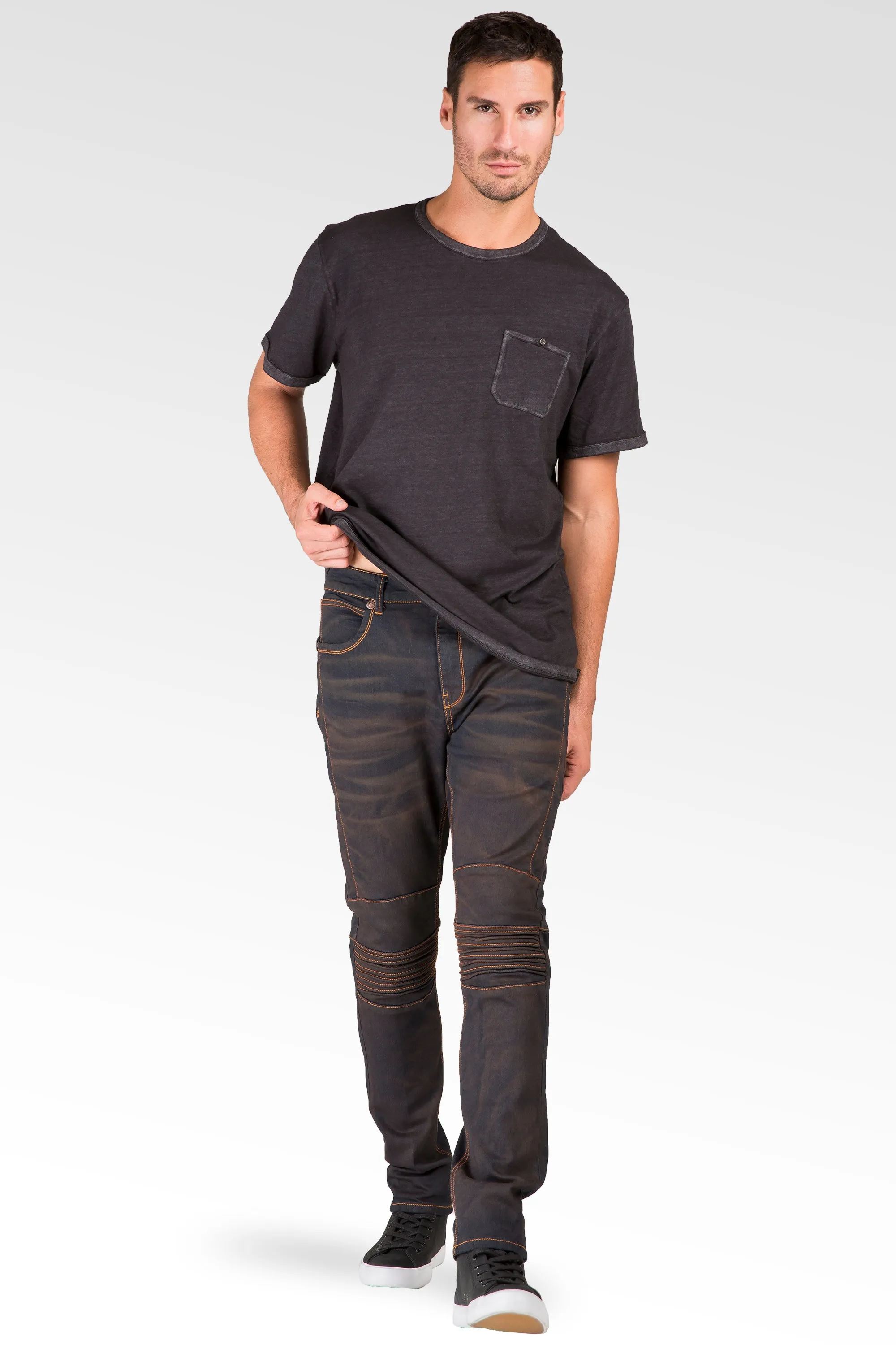 Slim Tapered Leg Premium Knit Denim Moto Jeans Copper Tainted Wash