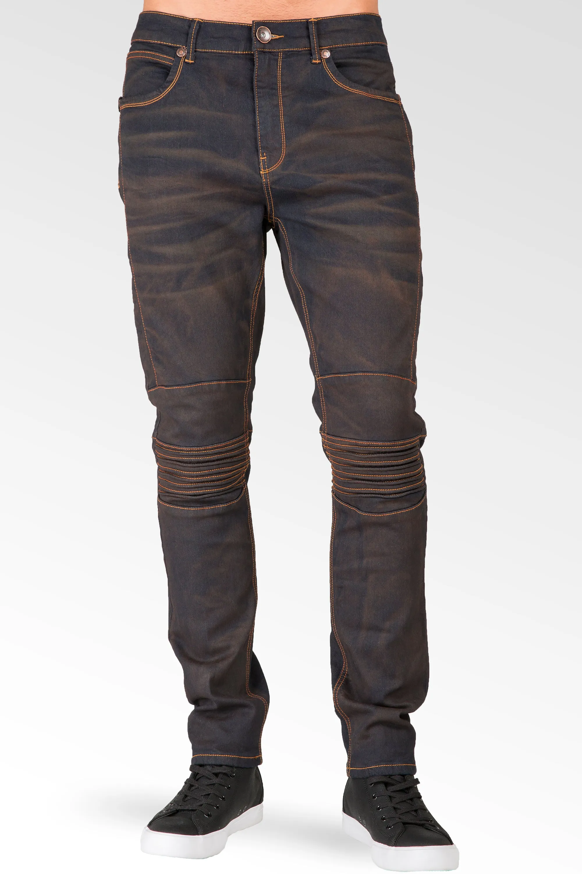 Slim Tapered Leg Premium Knit Denim Moto Jeans Copper Tainted Wash