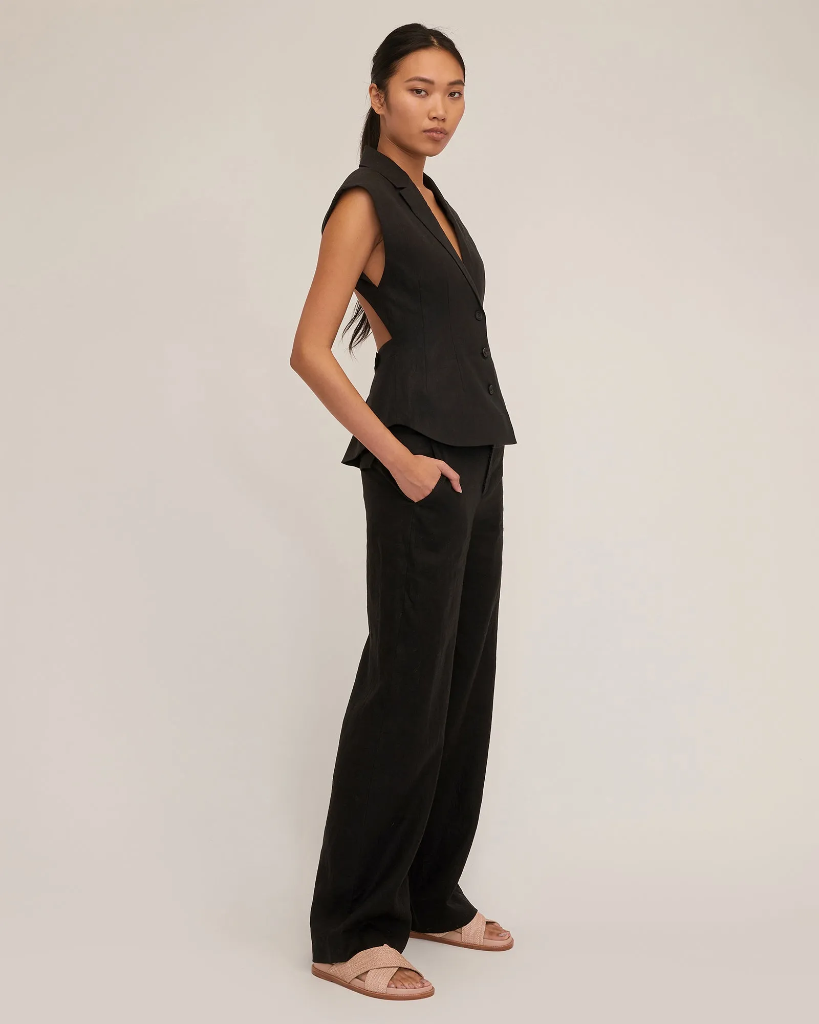 Theo Linen Double Waist Trouser in Black