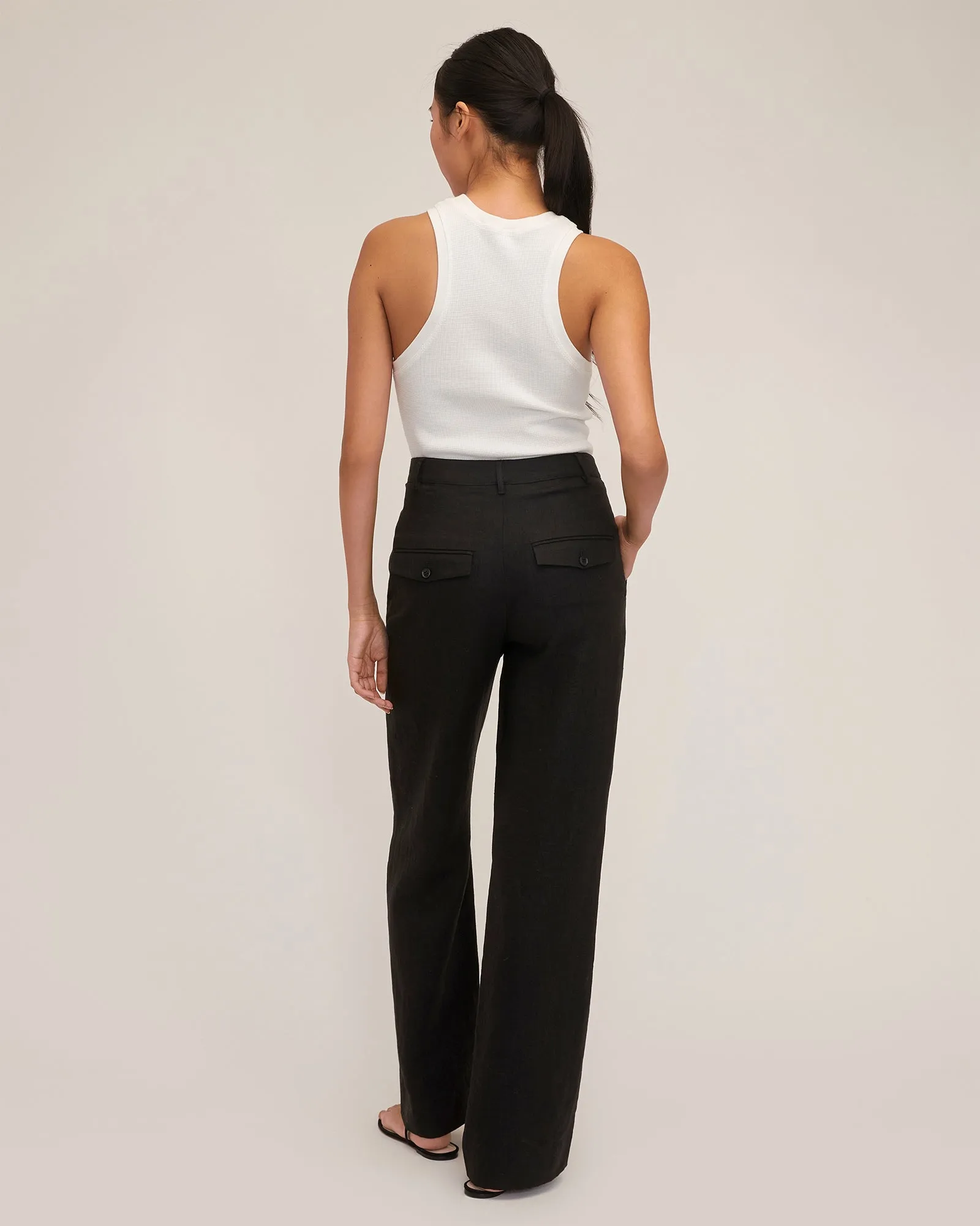 Theo Linen Double Waist Trouser in Black