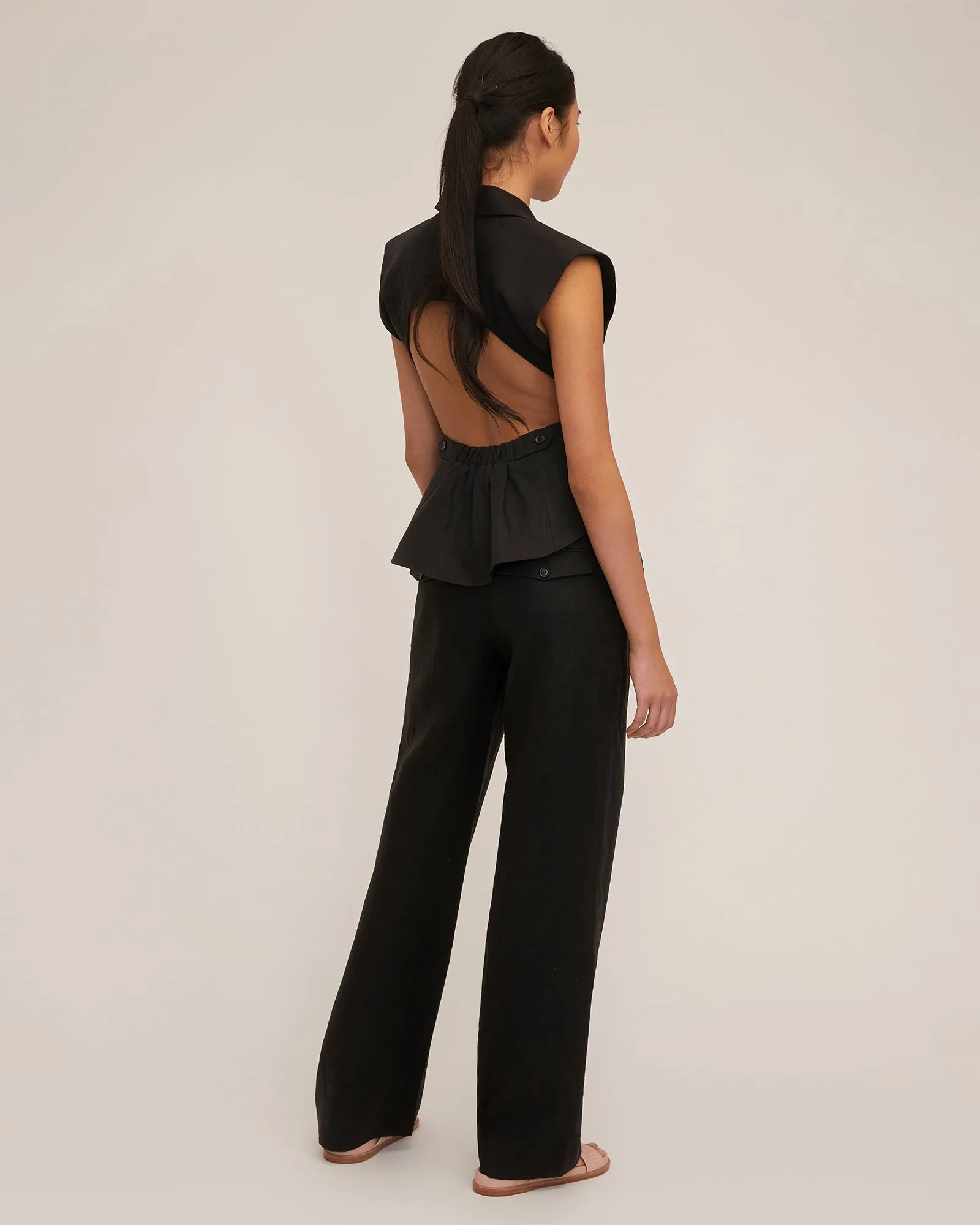 Theo Linen Double Waist Trouser in Black