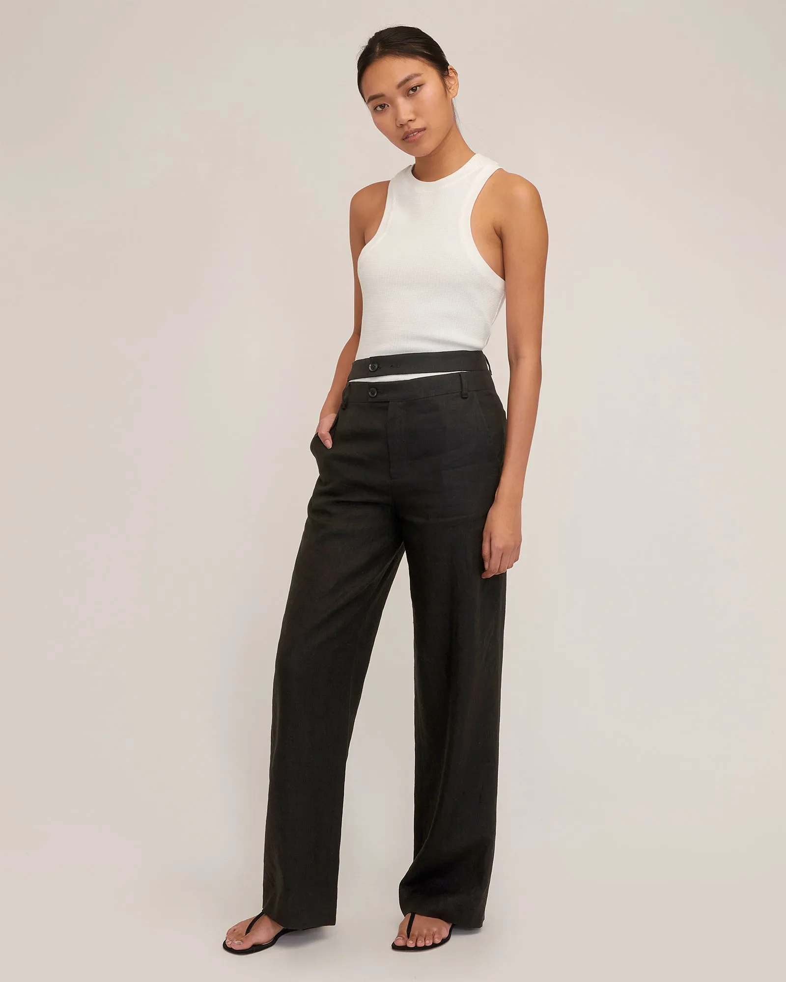 Theo Linen Double Waist Trouser in Black