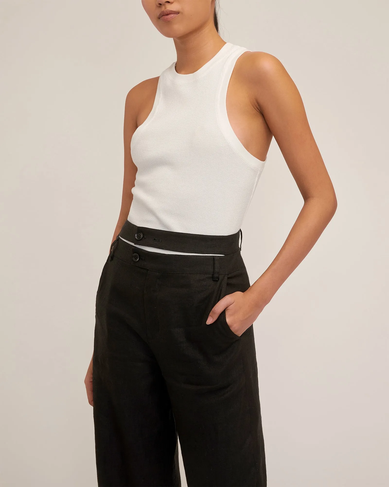 Theo Linen Double Waist Trouser in Black