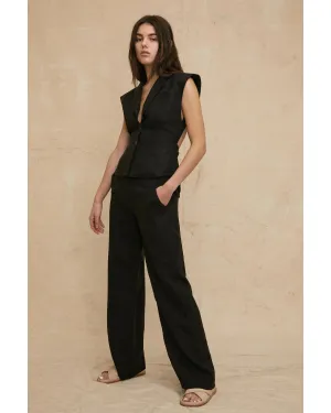 Theo Linen Double Waist Trouser in Black