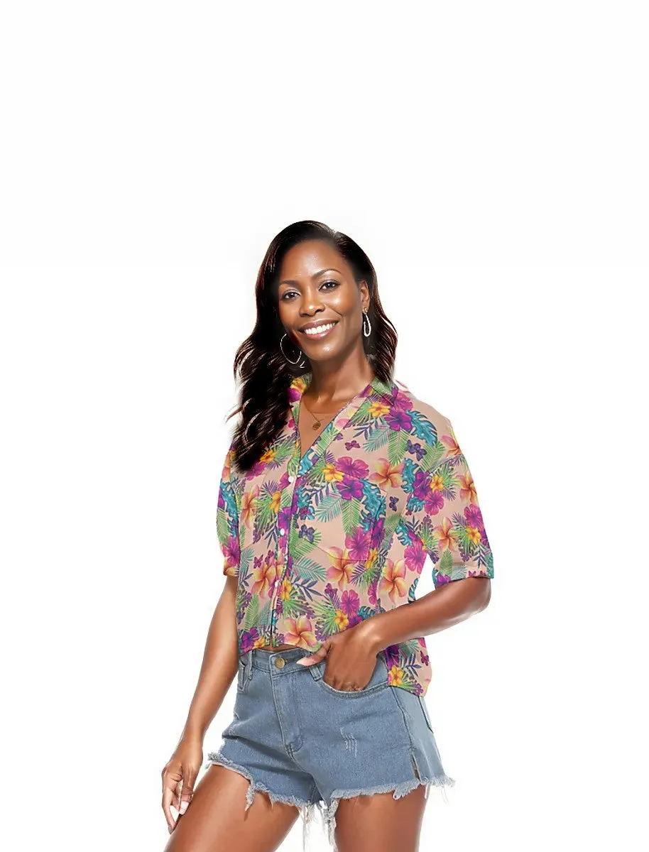 Tropical Peach Floral Women's V-neck Button Up Shirt