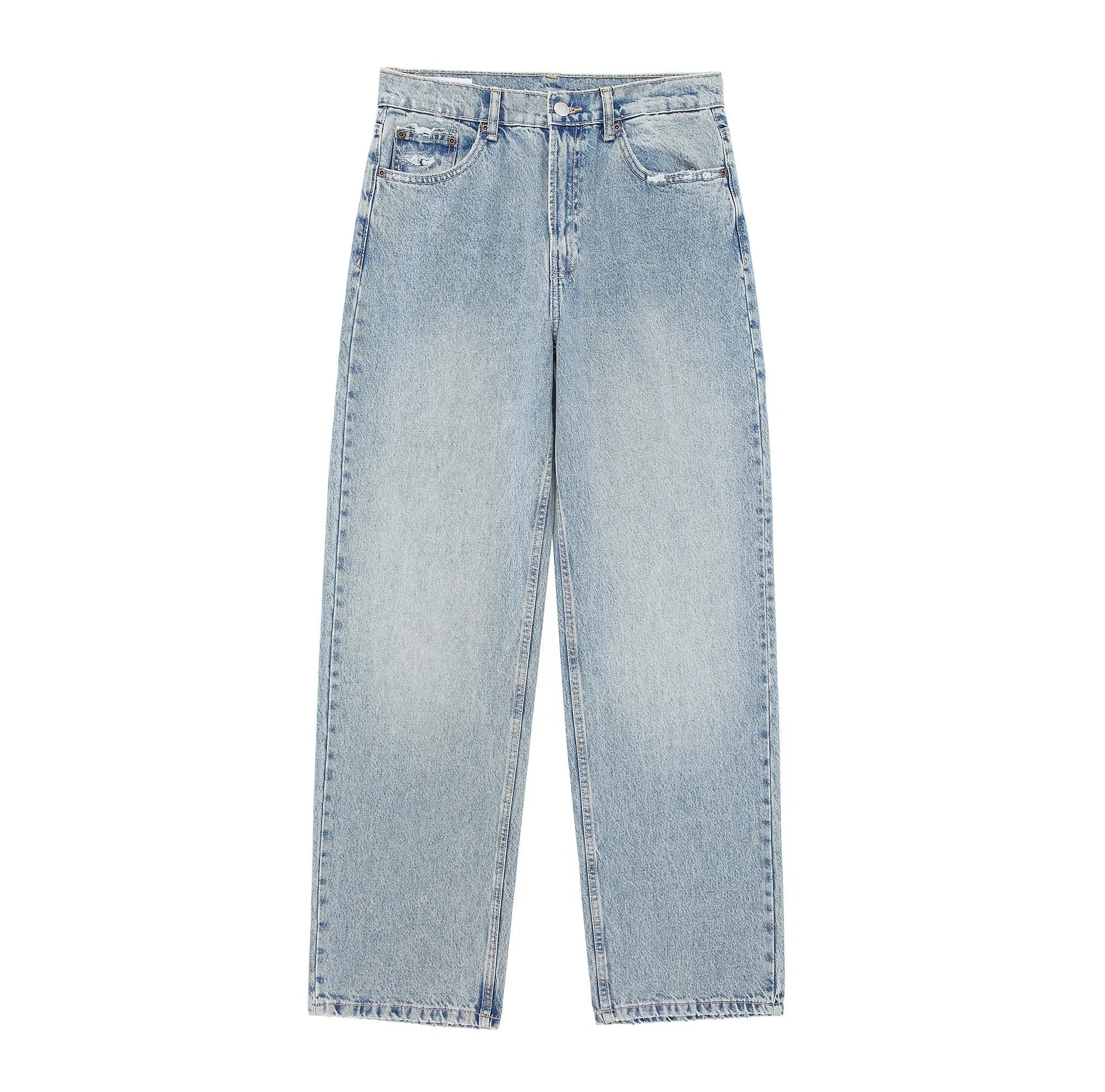 Retro High-Waisted Loose-Fit Jeans for Women with Perforated Hole Detailing