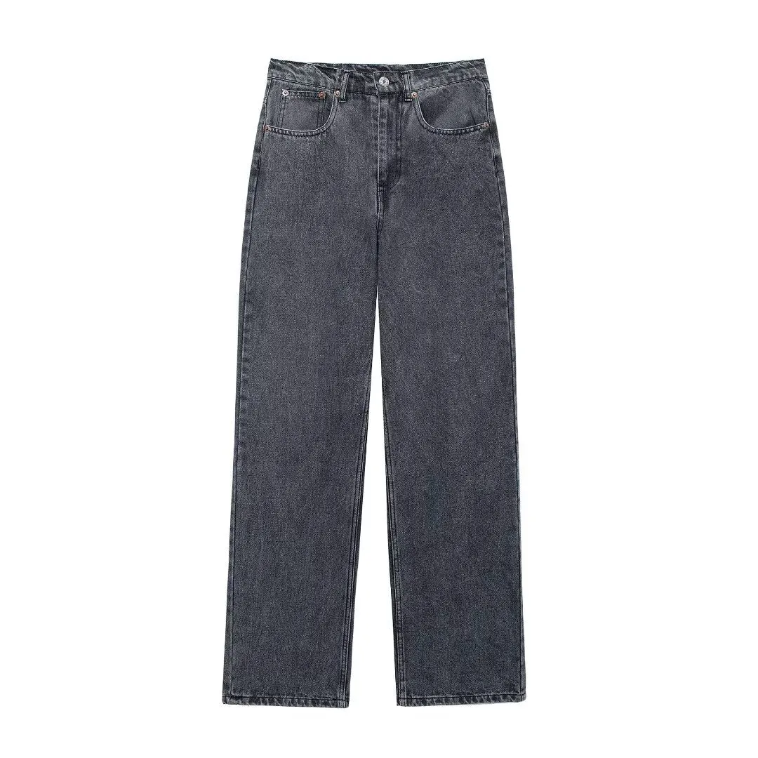 Retro High-Waisted Loose-Fit Jeans for Women with Perforated Hole Detailing