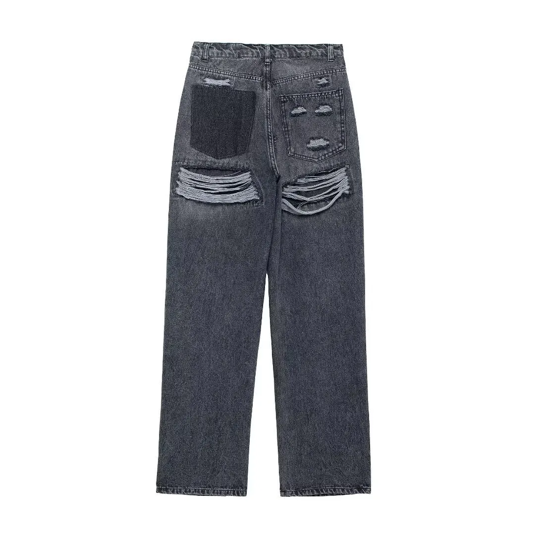 Retro High-Waisted Loose-Fit Jeans for Women with Perforated Hole Detailing